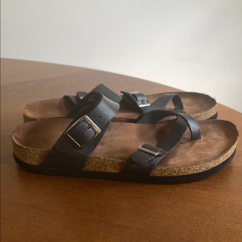 Black Leather Strappy Cork Heel Sandals Size 8